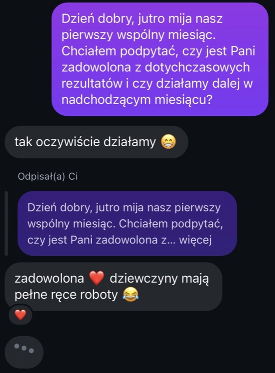 Wiadomość od właścicielki salonu po pierwszym miesiącu współpracy