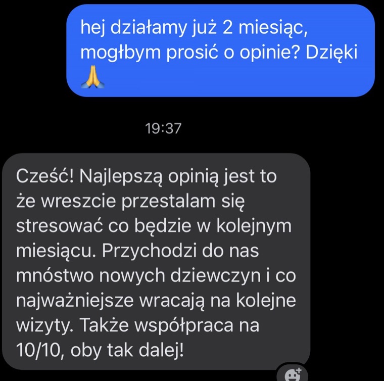 Wiadomość od właścicielki salonu po drugim miesiącu współpracy