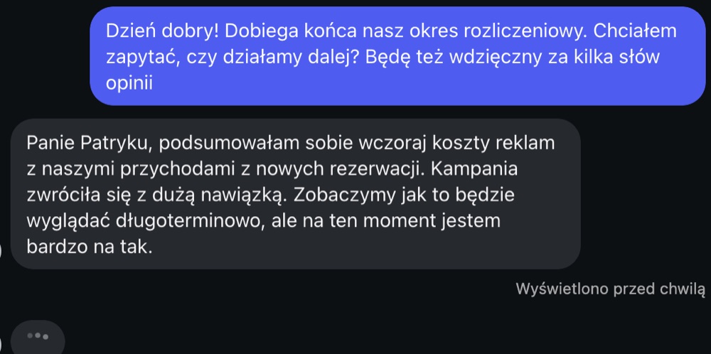 Wiadomość od właścicielki salonu o zwrocie z inwestycji